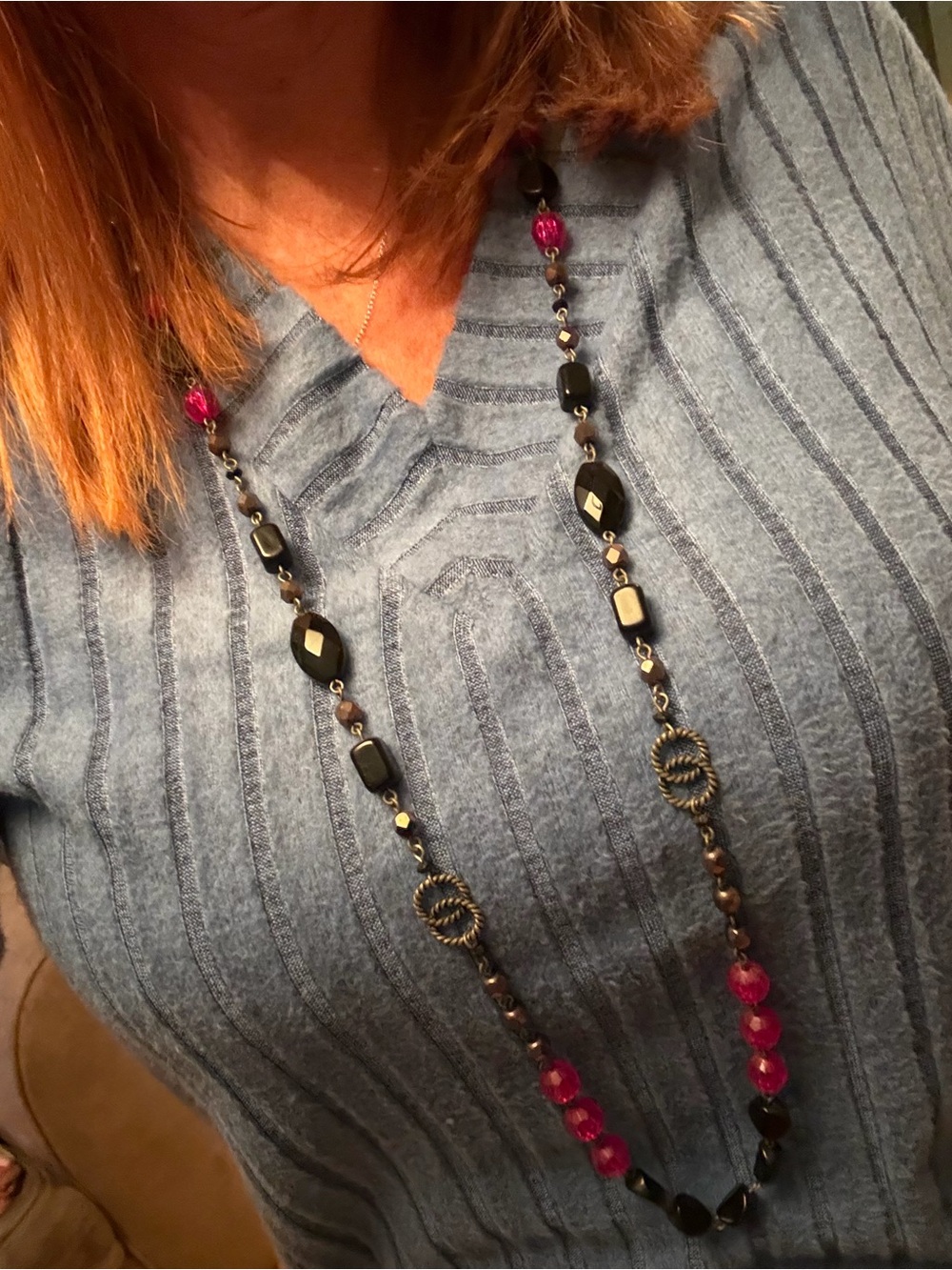 Long Black and Fuchsia Beaded Necklace - Women's Jewelry